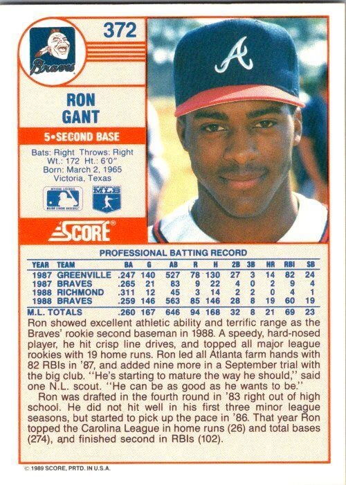 1989 Score Baseball Card Melido Ron Gant Atlanta Braves sk29810