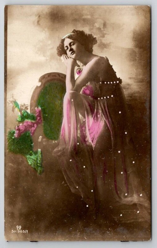 RPPC Beautiful Art Nouveau Woman Sheer Dress Hand Painted Colored Postcard N24