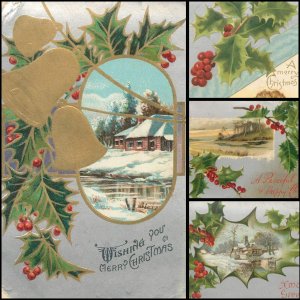 Lot of 4 winter seasonal Christmas greetings missletoe scenic fantasy postcards