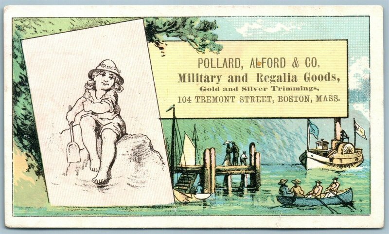 BOSTON MA MILITARY & REGALIA GOODS ANTIQUE ADVERTISING VICTORIAN TRADE CARD