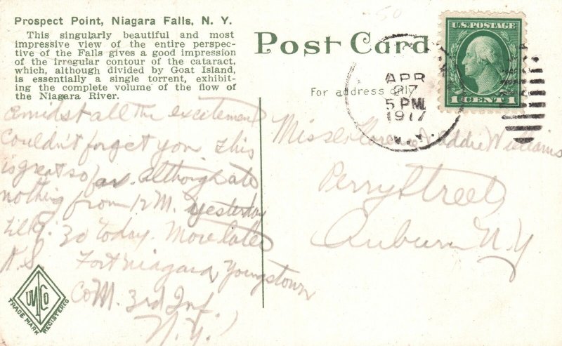 Vintage Postcard 1917 Prospect Point Niagara Water Falls New York NY