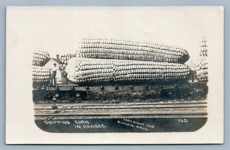 EXAGGERATED CORN KANSAS RAILROAD CAR ANTIQUE REAL PHOTO POSTCARD RPPC railway