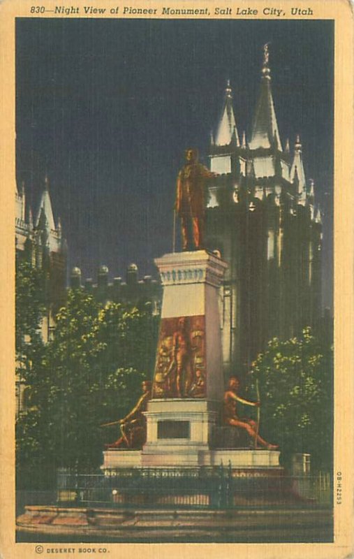 Salt Lake City Utah Pioneer Monument at Night Linen Postcard Used