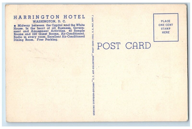 c1930's Hotel Harrington Building Cars Street View Washington DC Postcard 