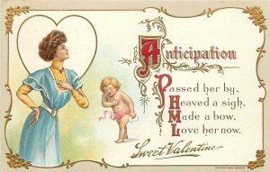 c1909 H.Wessler Embossed Valentine Postcard 522 Lovely Lady, Anticipation, Cupid