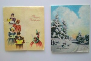 Christmas Greeting Cards Lot Of 2 Singing Carolers Trees Vintage Happy New Year