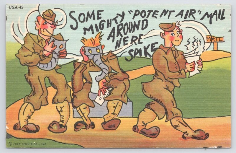 Military Comic~WWII~Soldier Gets Perfumed Letter~”Potent Air” Mail~Vtg Linen PC 