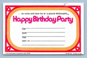 Ronald McDonald Birthday Party Invite 1975 McDonald's Advertising Postcard D18