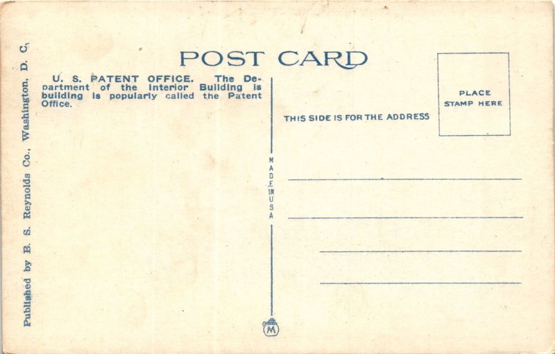 US Patent Office Washington DC Department of the Interior Building Pate Postcard