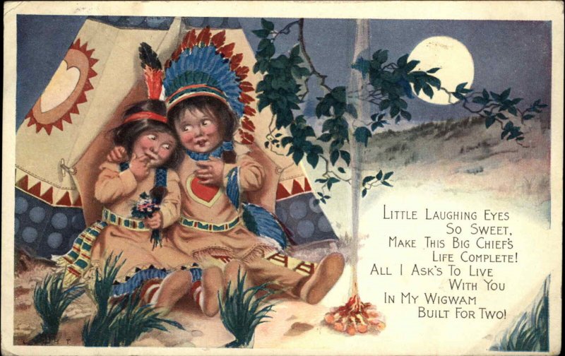 Native Americana Indian Kids in Tepee Wigwam Romance c1910 Postcard