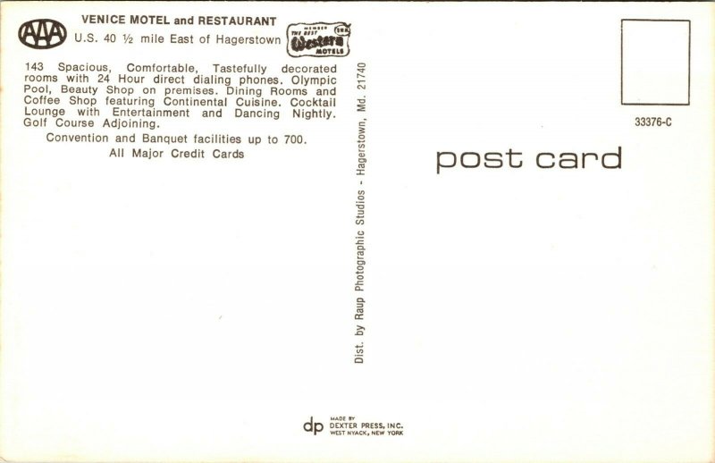 HAGERSTOWN, MD Maryland  VENICE MOTEL~Restaurant  POOL~BUFFET  Roadside Postcard