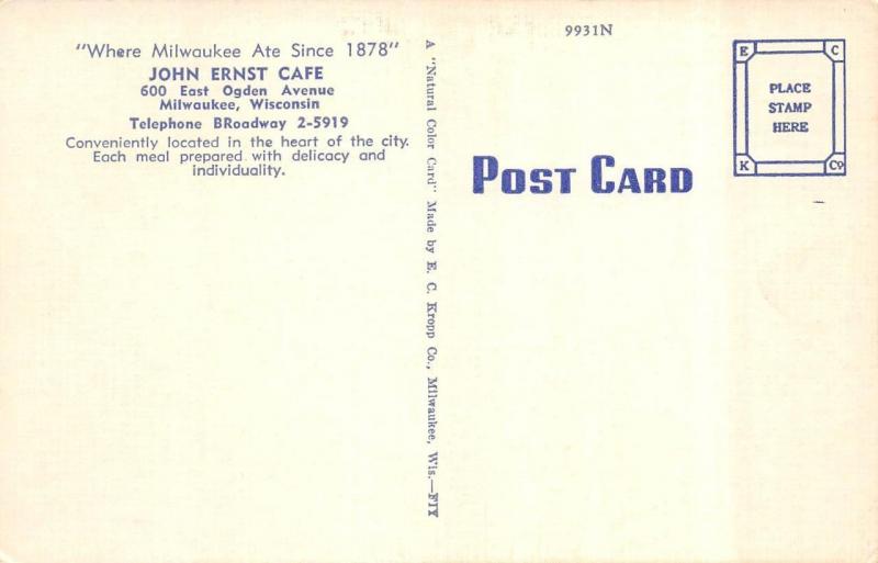MILWAUKEE, WI Wisconsin  JOHN ERNST CAFE & Interior  ROADSIDE  c1950's Postcard