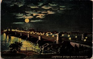 Longfellow Bridge Moonlight View Boston Cambridge Massachusetts DB Postcard 