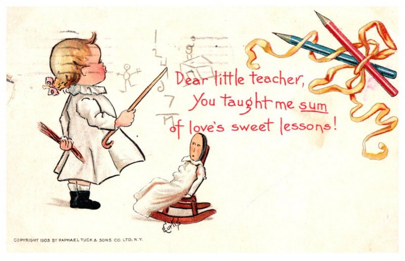 Girl teaching Doll, Tuck, 1903