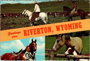 WY, Wyoming  RIVERTON Greetings  HORSES~COWBOYS  Fremont County  4X6 Postcard