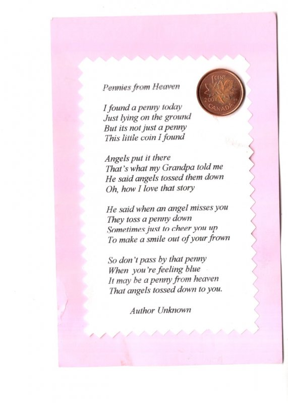 Homemade - Pennies from Heaven Poem with Real Canadian 2004 - 1 Cent Coin