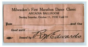 1930 Milwaukee's 1st Marathon Dance Classic Arcadia Ballroom Ticket Pass F43