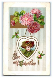 C. 1910 Pink Mums Lovely Woman Heart Pendant Valentine Vintage Postcard F24