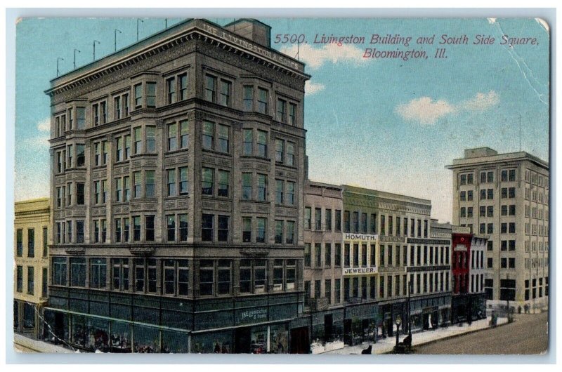 c1910's Livington Building South Side Square Bloomington Illinois IL Postcard