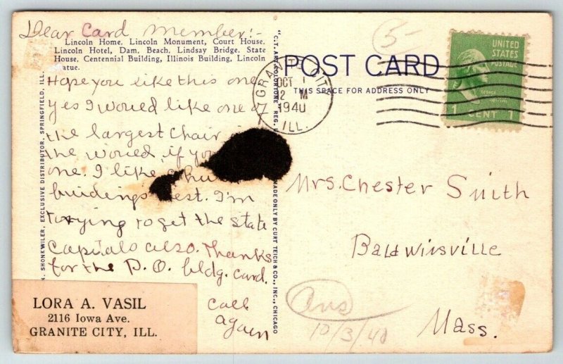 Large Letter Greetings From  Springfield  Illinois  1940  Postcard