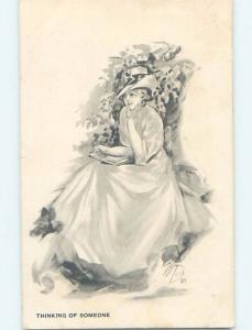 Pre-Linen signed PRETTY GIRL HOLDING HER BOOK IS THINKING OF SOMEONE HL4394