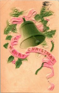 High Releif Embossed & Airbrushed Merry Christmas Bell Ribbon Holly Vtg Postcard