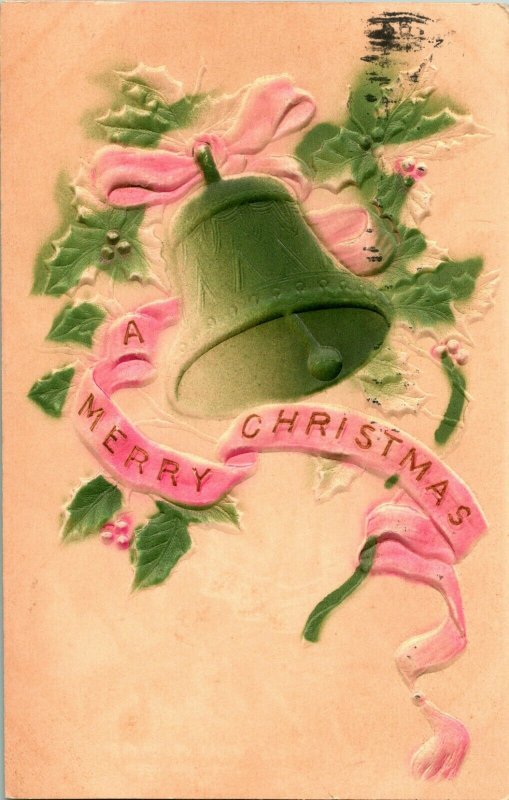 Haut Allégement en Relief & Aérographe Joyeux Noël Cloche Ruban Houx Vtg Postale