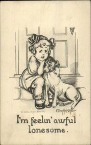 Sad Lonesome Little Girl w/ Dog - E Von Hartmann c1910 Postcard