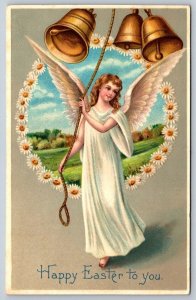 Happy Easter To You, Angel, Bells, Daisy Wreath, Rural Scene, Antique Postcard