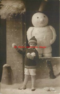 New Year, Rotophot No 4410-5, RPPC, Snowman by Boy Holding Snowballs