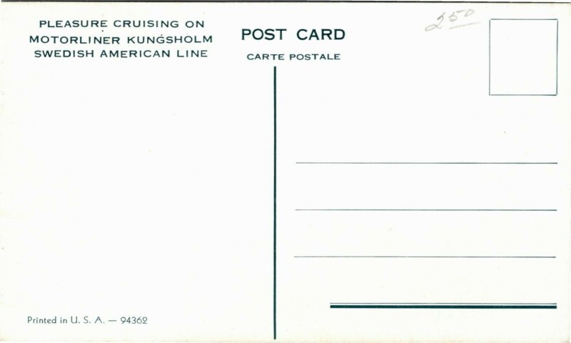 Postcard Cruise Ship Kungsholm Sverige Swedish American Line RARE 1950s S30