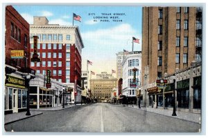 1944 Texas Street Looking West establishments US Flags El Paso Texas TX Postcard