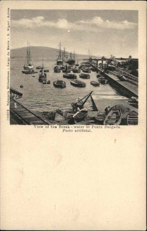 Azores Portugal Ponta Delgada Breakwater c1910 Vintage Postcard