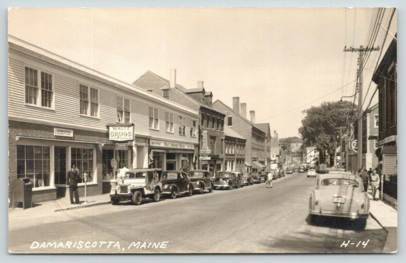 Damariscotta Maine~Uniform Man~Post Office~Waltz Drugs~1st Nat'l Store~RPPC 1945 