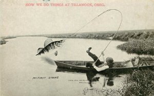 1910 Fishing Postcard; How We do Things at Tillamook OR Man Catches Big Fish