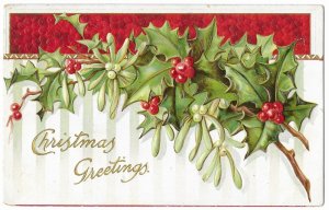 Christmas Greetings Embossed Printed in Germany Holly & Mistletoe