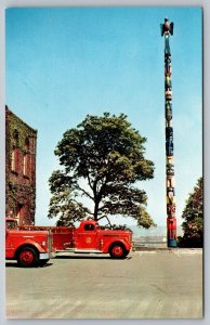 Postcard Totem Pole Tacoma Washington Fire Trucks Alaskan Native Americans