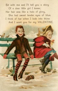 S/A Greiner Valentine Postcard; Coy Children On Bench in Snow, IAPC 705