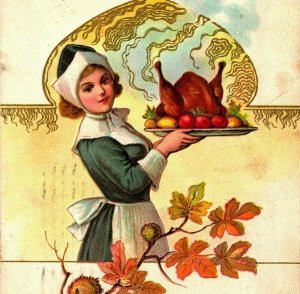 Cordial Thanksgiving Greetings Dutch Woman w Turkey on Platter Embossed Postcard