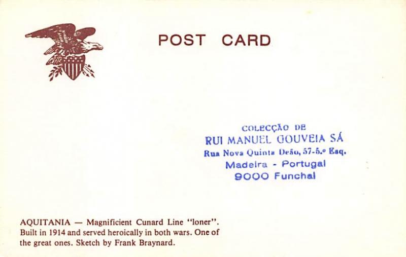 R.M.S. Aquitania Built in 1914 Oceanliner Ship Cunard Line Ship Steamer Unused 