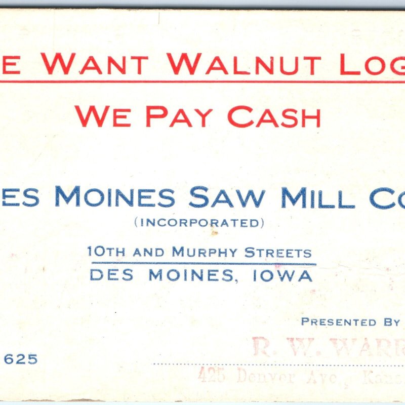 c1910s Des Moines Saw Mill Co Scribner's Log Table Doyles Rule IA Trade Card C43