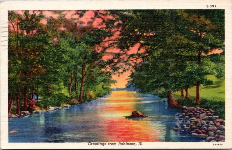 Postcard IL Robinson - Greetings from - river sunset
