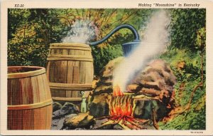 Making Moonshine in Kentucky KY Alcohol Coffee Barrel Linen Postcard H12