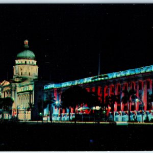 c1960s Singapore City Hall Supreme Court Nigh View Lights Chrome Postcard A231