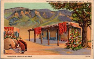 New Mexico Indian Women Drying Chili Red Peppers and Baking Bread 1954 Curteich