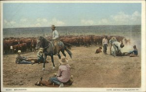 Cowboys Branding Cattle c1910 Detroit Publishing FRED HARVEY Postcard