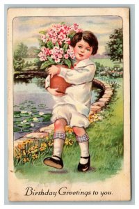 Vintage 1913 Birthday Postcard Boy with Pot of Pink Flowers Lilly Pond