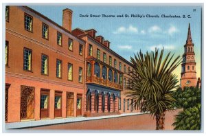 Charleston South Carolina Postcard Dock St. Theatre St. Phillip's Church c1940's