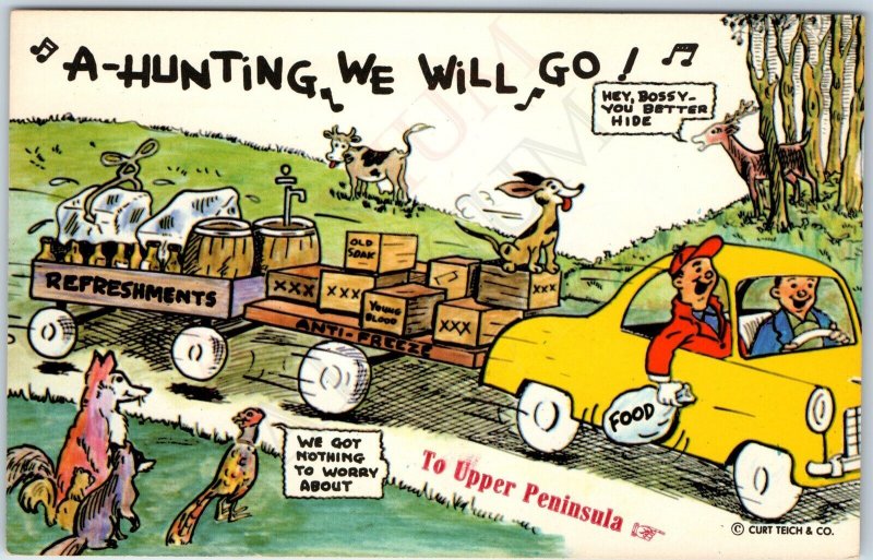 1960 To Upper Peninsula Mich Hunting We Go Anthropomorphic Animals Teich MI A205