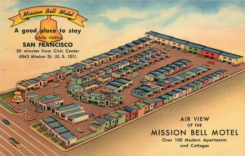 Linen Roadside Postcard; Air View of Mission Bell Motel, San Francisco CA